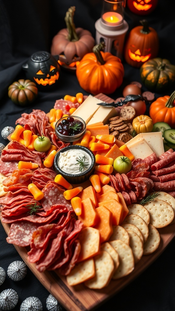 Spooky Halloween Charcuterie Board Recipe A Halloween charcuterie board with meats, cheeses, fruits, and Halloween candies, set in a spooky atmosphere.